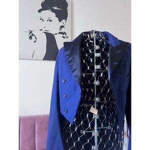 Vintage Royal Blue Tailcoat Formal Evening Jacket Black Satin Lapel‎ Costume